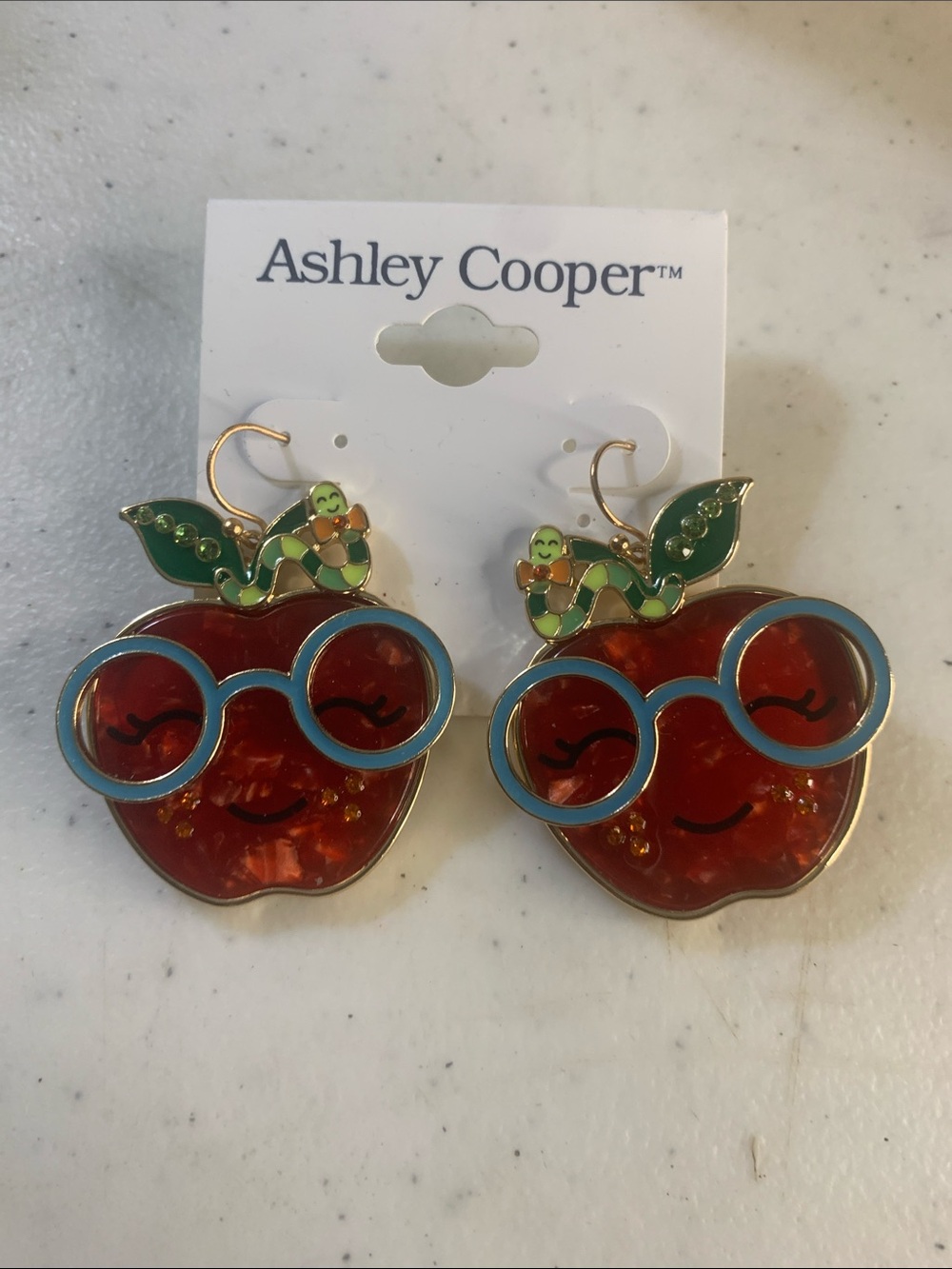 Ashley Cooper Red Apple Earrings with Blue Glasses